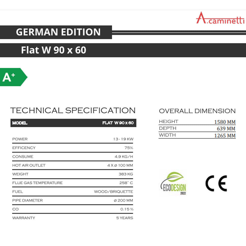 A-caminetti FLAT W 90X60 - Focar Șemineu cu ușă verticală