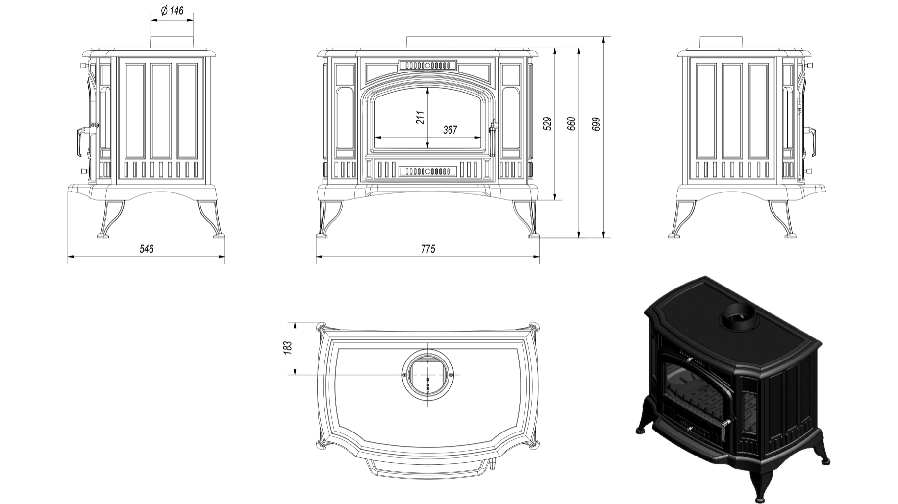 Sobă Fontă K9 10 12.5kW MASIVĂ 165kg | 2 Sticle Laterale | 120 m²