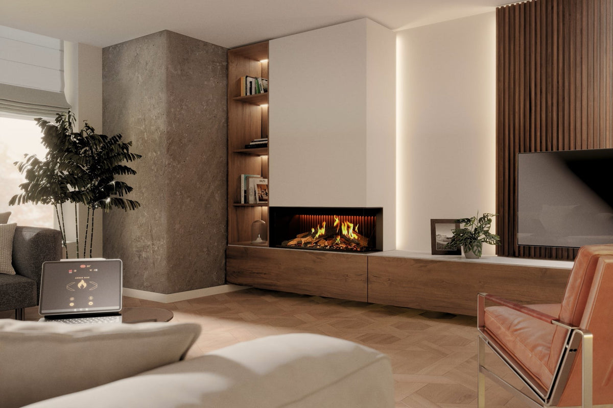 Șemineu electric DRU Virtuo 100/2 Evolve, varianta dreapta (geamul lateral în dreapta), încastrat într-un perete alb lângă o bibliotecă; bușteni ceramici și interior Rib Cast