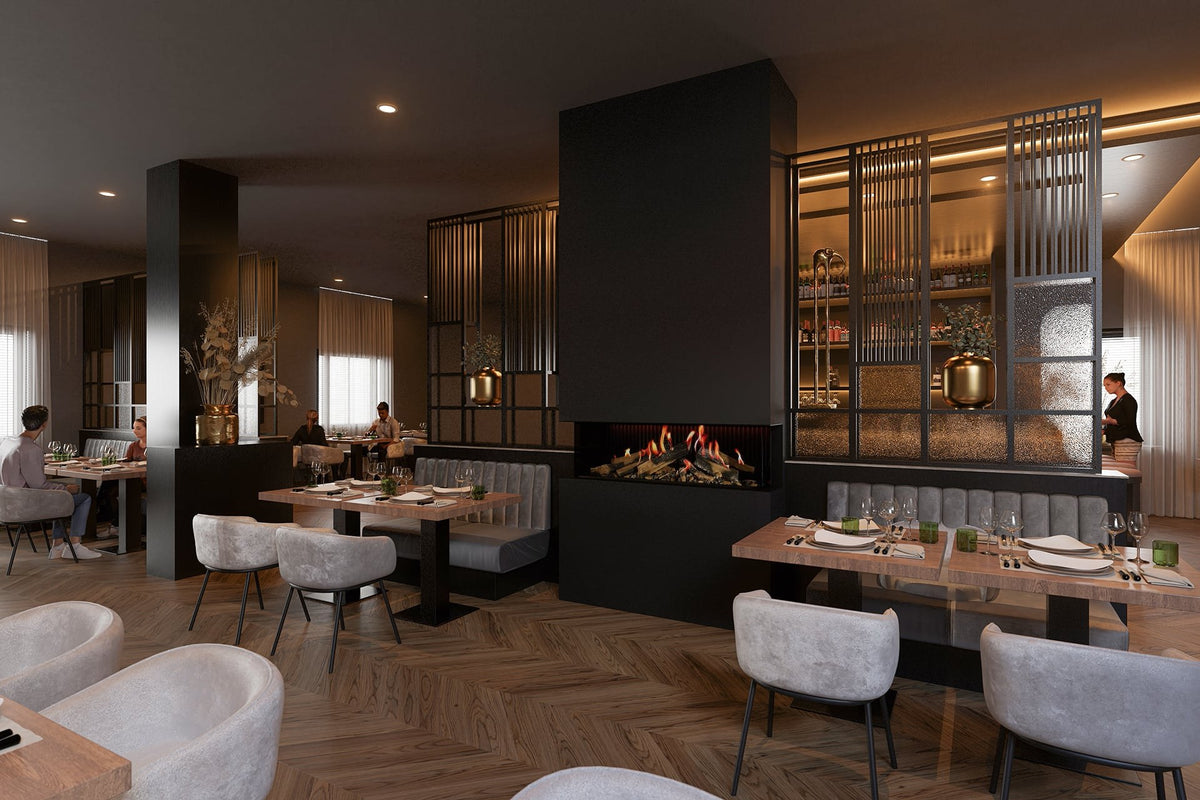 DRU Virtuo 130/3 Evolve într-o coloană neagră care desparte separeurile unui restaurant, vizibil din față și dintr-o latură
