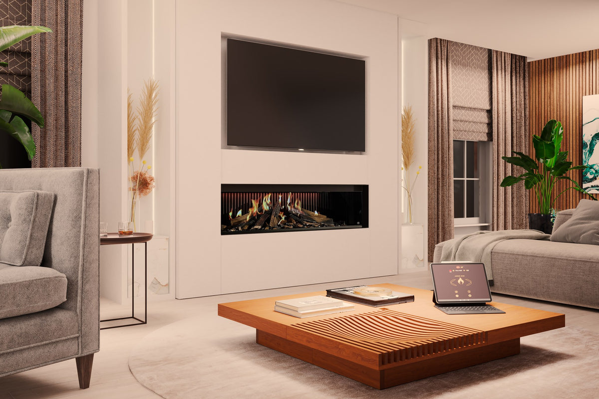 Șemineu electric DRU Virtuo 150 Evolve frontal, încastrat fără ramă sub televizor într-un perete media alb, living în tonuri crem