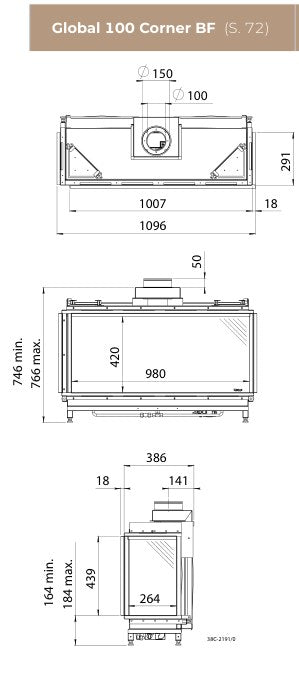 Desen tehnic DRU Global 100 Corner BF cu dimensiunile 1096 × 746–766 × 386 mm, racord 150/100 mm, geam frontal 980 × 420 mm și lateral 264 × 439 mm, varianta dreapta