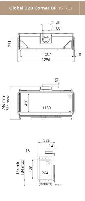 Desen tehnic DRU Global 120 Corner BF cu dimensiunile 1296 × 746–766 × 386 mm, racord 150/100 mm, geam frontal 1180 × 420 mm și lateral 264 × 439 mm, varianta dreapta