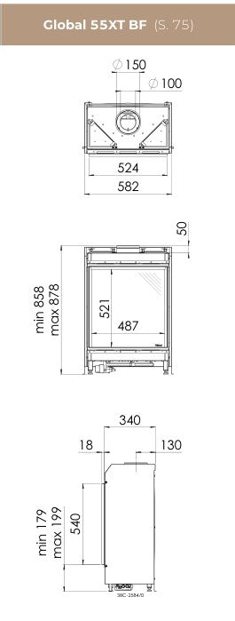 Desen tehnic DRU Global 55XT BF cu dimensiunile 582 × 858–878 × 340 mm, racord 150/100 mm și geam 487 × 521 mm