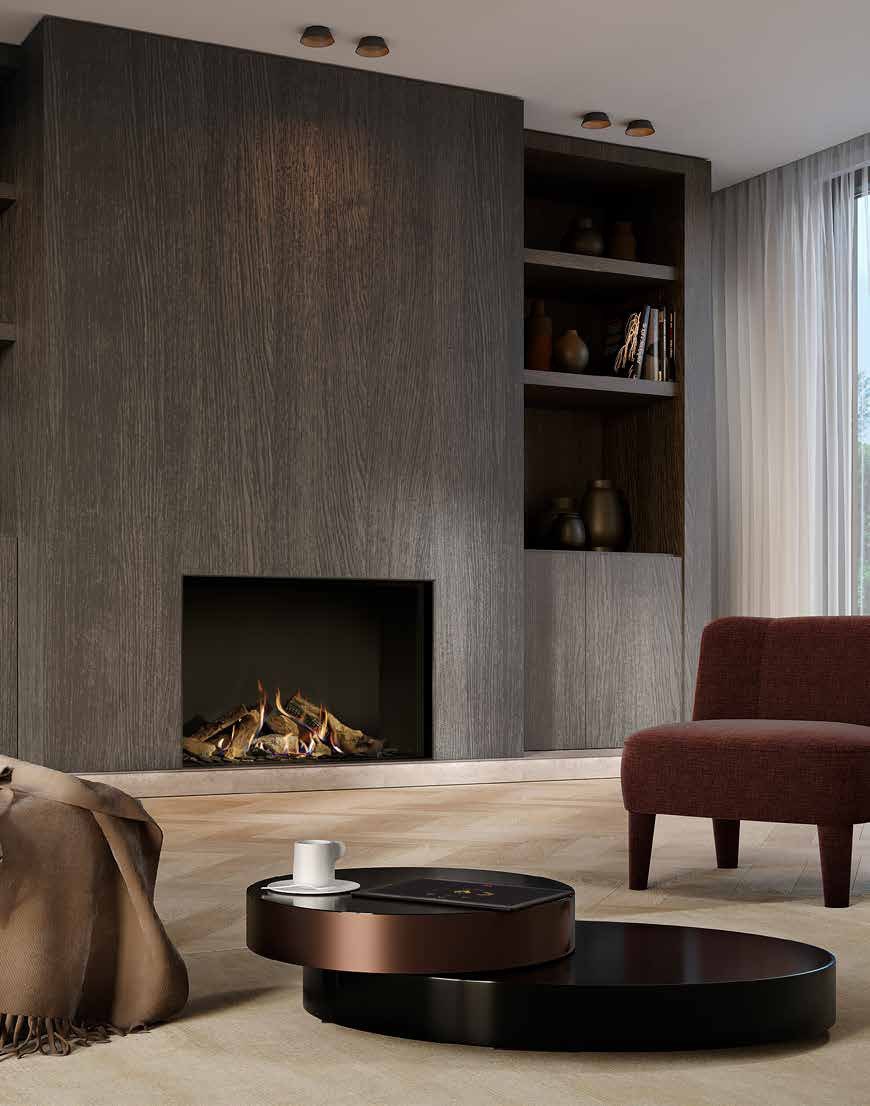 DRU Maestro 100 Eco Wave în peretele de furnir gri, cadru vertical apropiat, cu flăcări printre bușteni maro