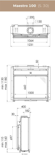 Desen cu dimensiuni DRU Maestro 100: vedere de sus (lățime 1231 mm), din față (geam 1000 × 660 mm, înălțime 1130–1180 mm) și laterală (adâncime 400 mm)