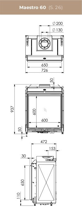 Desen cu dimensiuni DRU Maestro 60: vedere de sus, din față (geam 600 × 600 mm, înălțime 937 mm) și laterală (adâncime 472 mm)