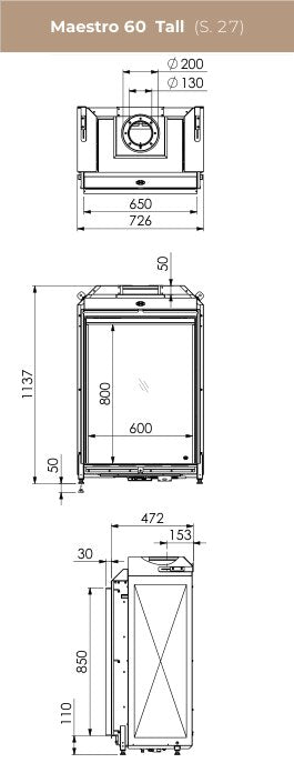 Desen cu dimensiuni DRU Maestro 60 Tall: vedere de sus, din față (geam 600 × 800 mm, înălțime 1137 mm) și laterală (adâncime 472 mm)