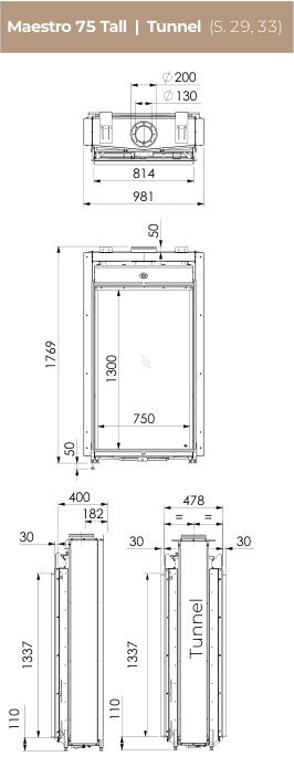 Desen cu dimensiuni DRU Maestro 75 Tall: vedere de sus, din față (geam 750 × 1300 mm, înălțime 1769 mm) și laterală (adâncime 400 mm); alături, vederea laterală a variantei Tunnel