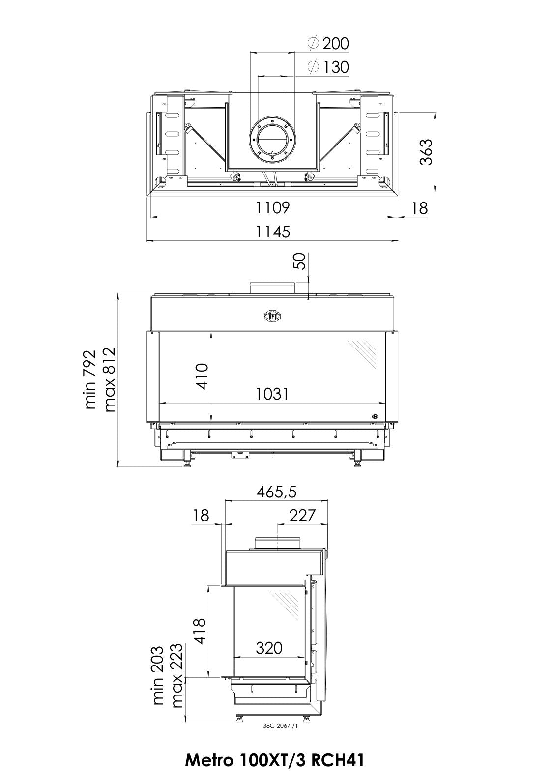 Desen cu dimensiuni DRU Metro 100XT/3: vedere de sus, din față și din lateral, cote în mm