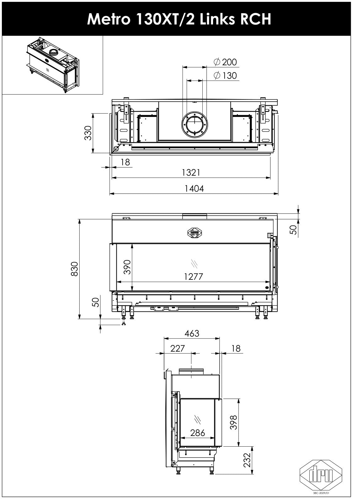 Desen cu dimensiuni DRU Metro 130XT/2, varianta stânga: vedere de sus, din față și din lateral, cote în mm