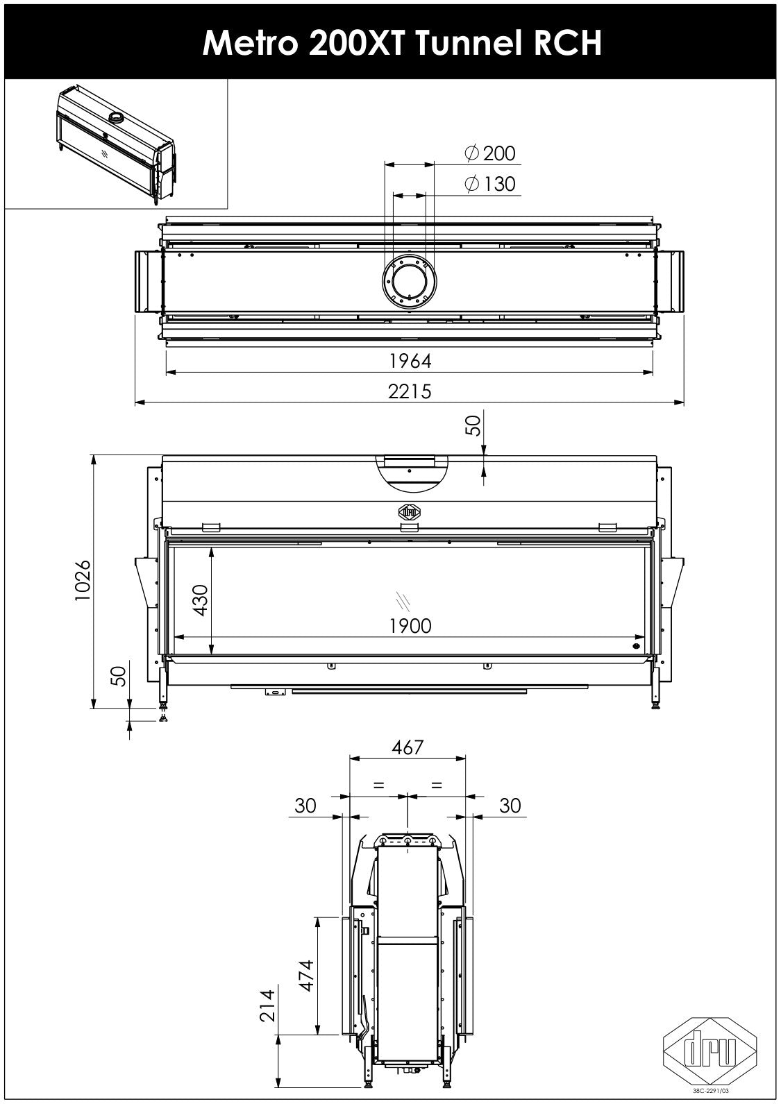 Desen cu dimensiuni DRU Metro 200XT Tunnel: lățime 2215 mm, înălțime 1026 mm plus 50 mm reglaj din picioare, adâncime 467 mm, geam vizibil 1900 × 430 mm pe fiecare față