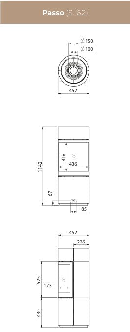 Desen tehnic DRU Passo Eco Wave cu dimensiuni: Ø 452 mm, înălțime 1142 mm, geam 436 × 416 mm, racord concentric 150/100 mm