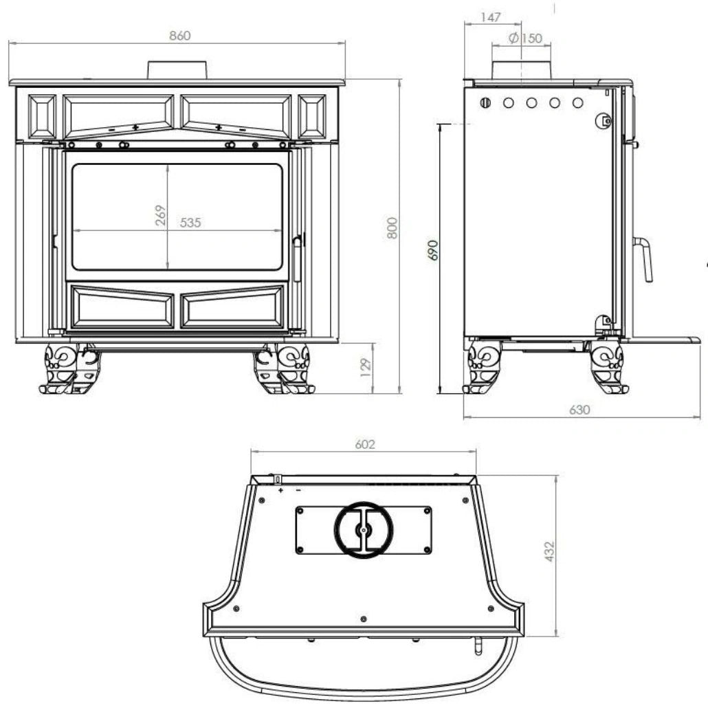 Sobă Fontă FLAME 11-13kW 147kg | Randament 76.4% | GEAM MARE | A