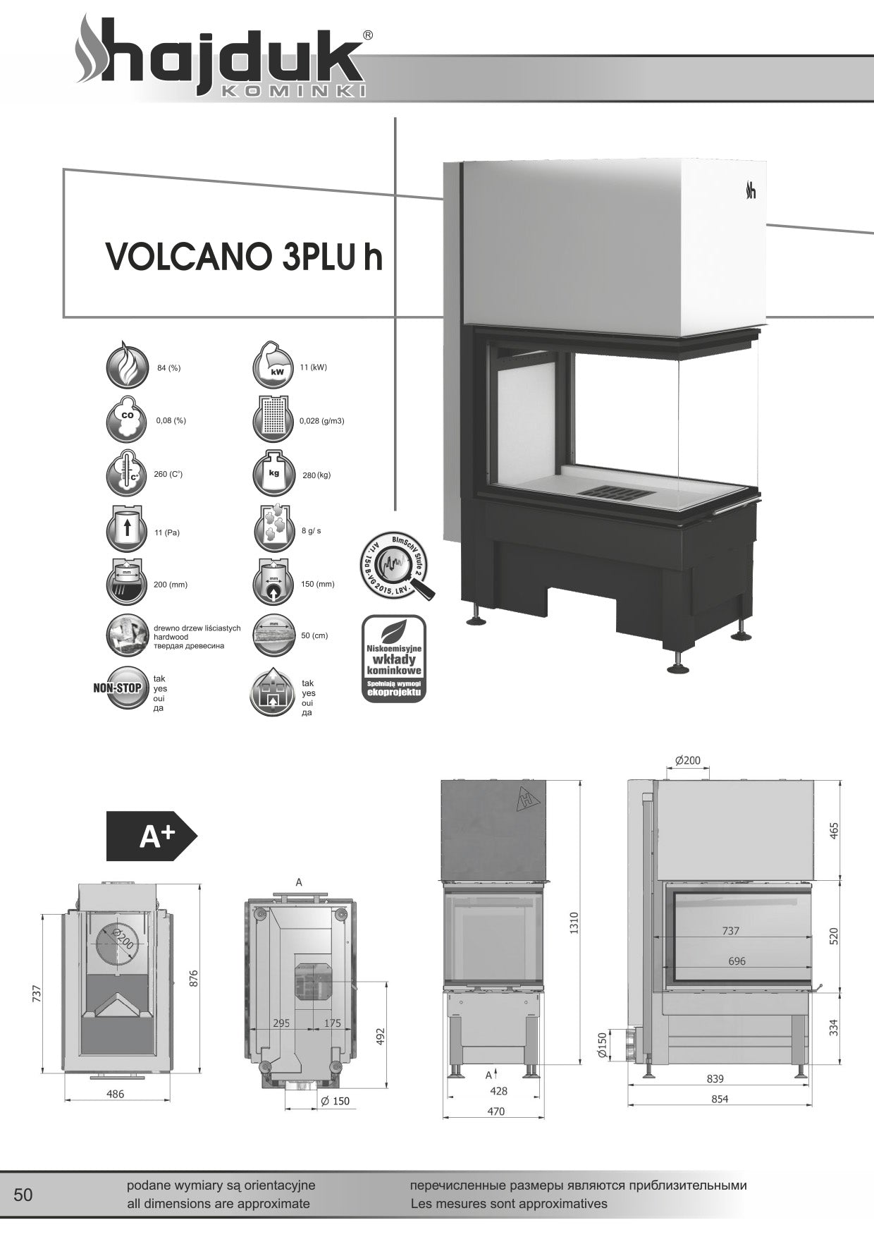 HAJDUK Focar samota cu 3 geamuri Volcano 3PLUh