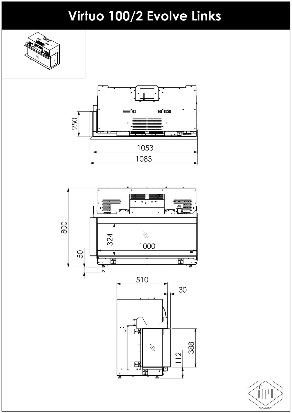 Desen tehnic DRU Virtuo 100/2 Evolve, varianta stânga (geamul lateral în stânga): vedere de sus, din față și din lateral, cu cotele în mm