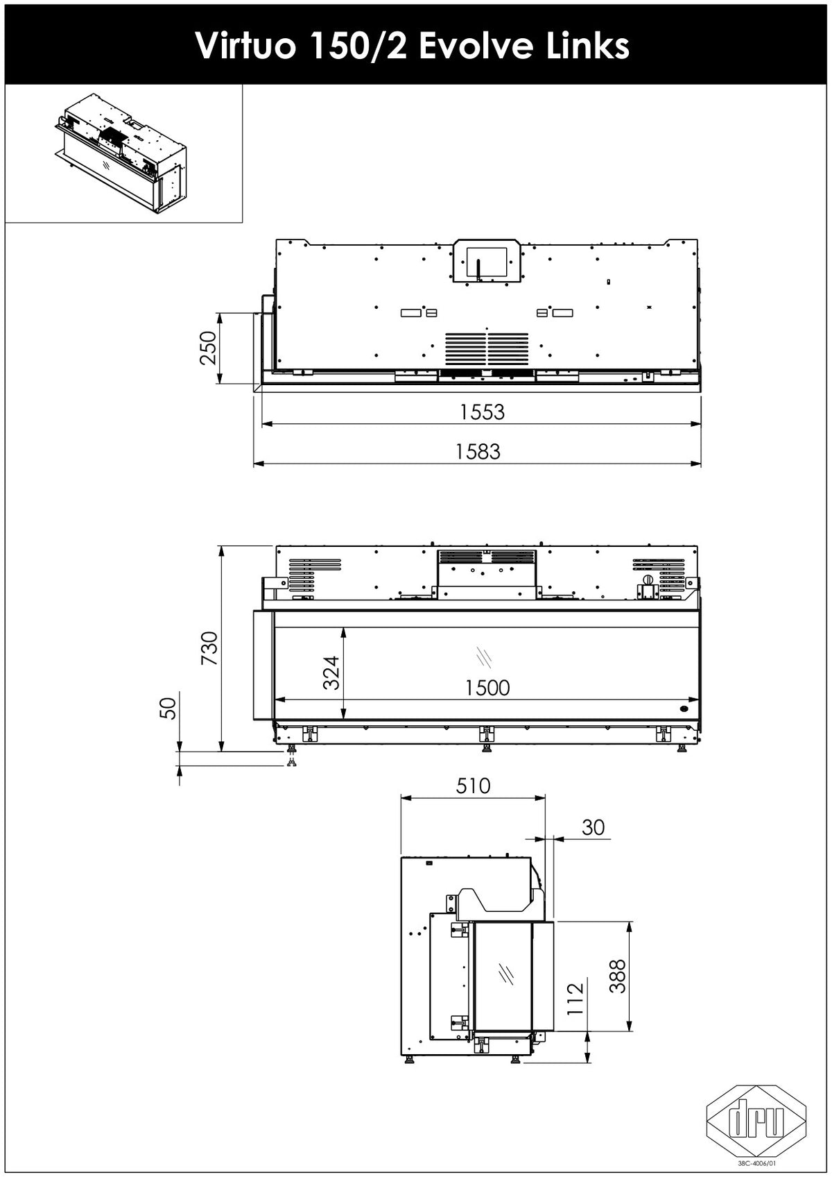Desen tehnic DRU Virtuo 150/2 Evolve, varianta stânga (geamul lateral în stânga): vedere de sus, din față și din lateral, cu cotele în mm