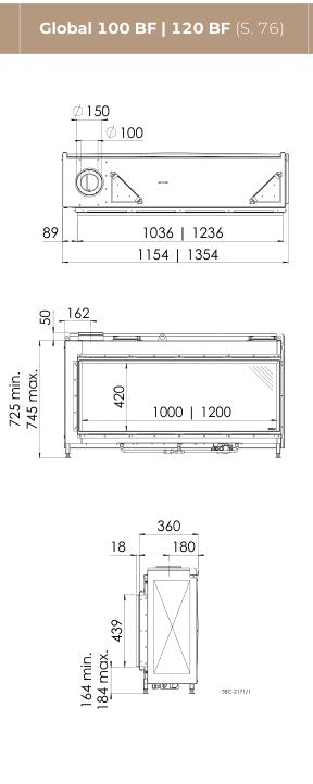 Desen tehnic DRU Global 100 BF: dimensiuni 1154 × 725–745 × 360 mm, ramă 1036 mm, geam 1000 × 420 mm, racord 150/100 mm (cotele din stânga semnului «|»)