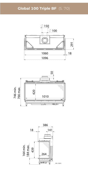 Desen tehnic DRU Global 100 Triple BF cu dimensiunile 1096 × 746–766 × 386 mm, racord 150/100 mm, geam frontal 1010 × 420 mm și laterale 264 × 439 mm