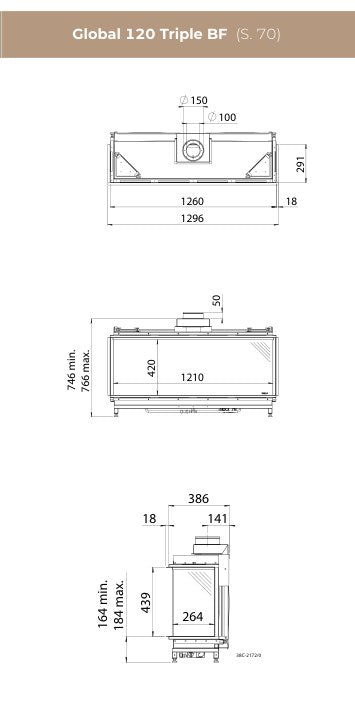 Desen tehnic DRU Global 120 Triple BF cu dimensiunile 1296 × 746–766 × 386 mm, racord 150/100 mm, geam frontal 1210 × 420 mm și laterale 264 × 439 mm
