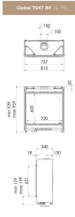 Desen tehnic DRU Global 70XT BF cu dimensiunile 815 × 939–959 × 340 mm, racord 150/100 mm și geam 720 × 600 mm