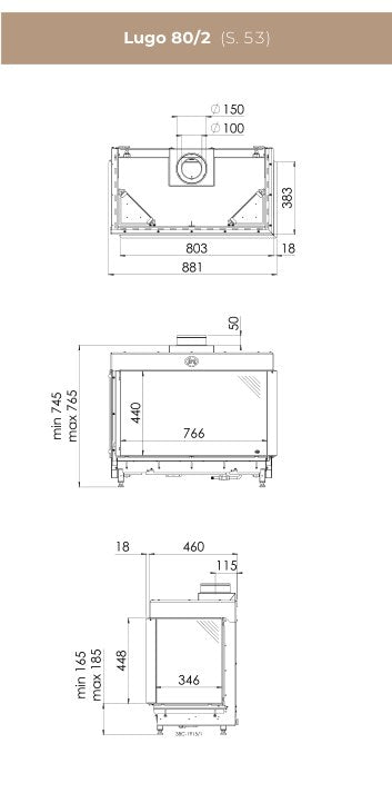 Desen tehnic DRU Lugo 80/2 cu dimensiunile 881 × 745–765 × 460 mm, racord 150/100 mm și geam 766 × 440 mm, varianta dreapta