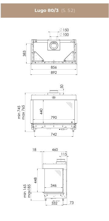 Desen tehnic DRU Lugo 80/3 cu dimensiunile 892 × 745–765 × 460 mm, racord 150/100 mm și geam frontal 790 × 440 mm