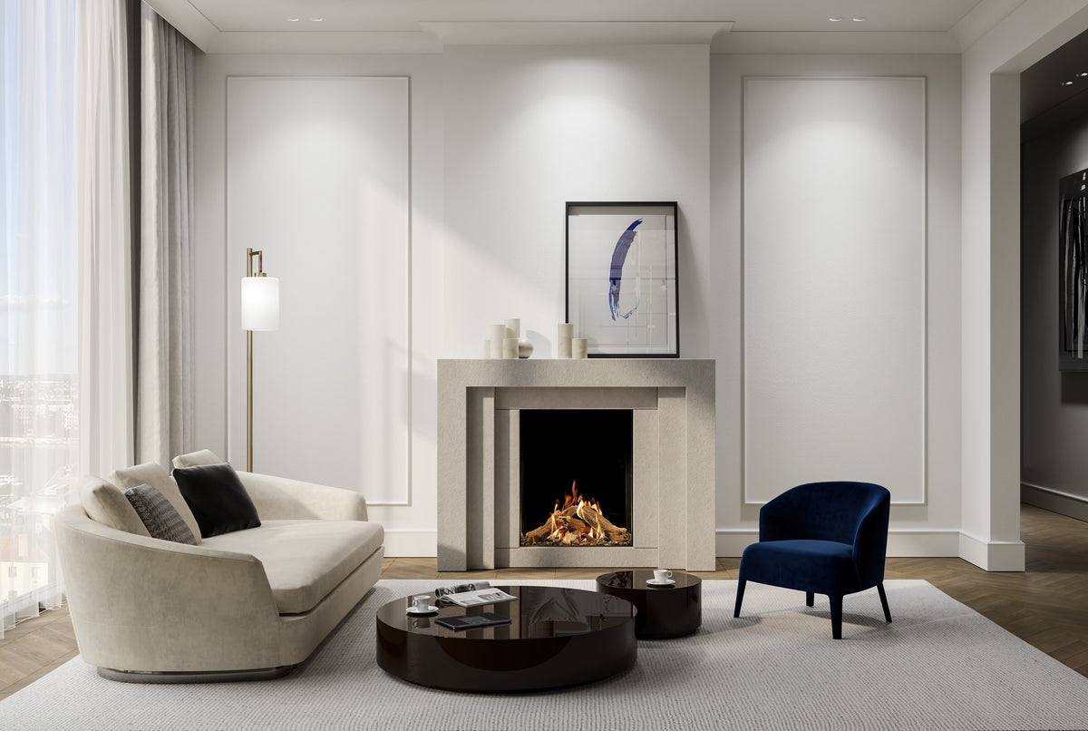 Șemineu pe gaz DRU Maestro 60 Tall Eco Wave, frontal, cu geam vertical, interior negru și bușteni maro, într-un mantel deschis la culoare, în living