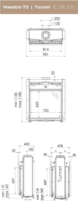 Desen cu dimensiuni DRU Maestro 75: vedere de sus, din față (geam 750 × 660 mm, înălțime 1130–1180 mm) și laterală (adâncime 400 mm); alături, vederea laterală a variantei Tunnel