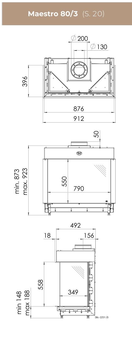 Desen tehnic cu dimensiunile șemineului pe gaz DRU Maestro 80/3: vedere de sus, din față și din lateral