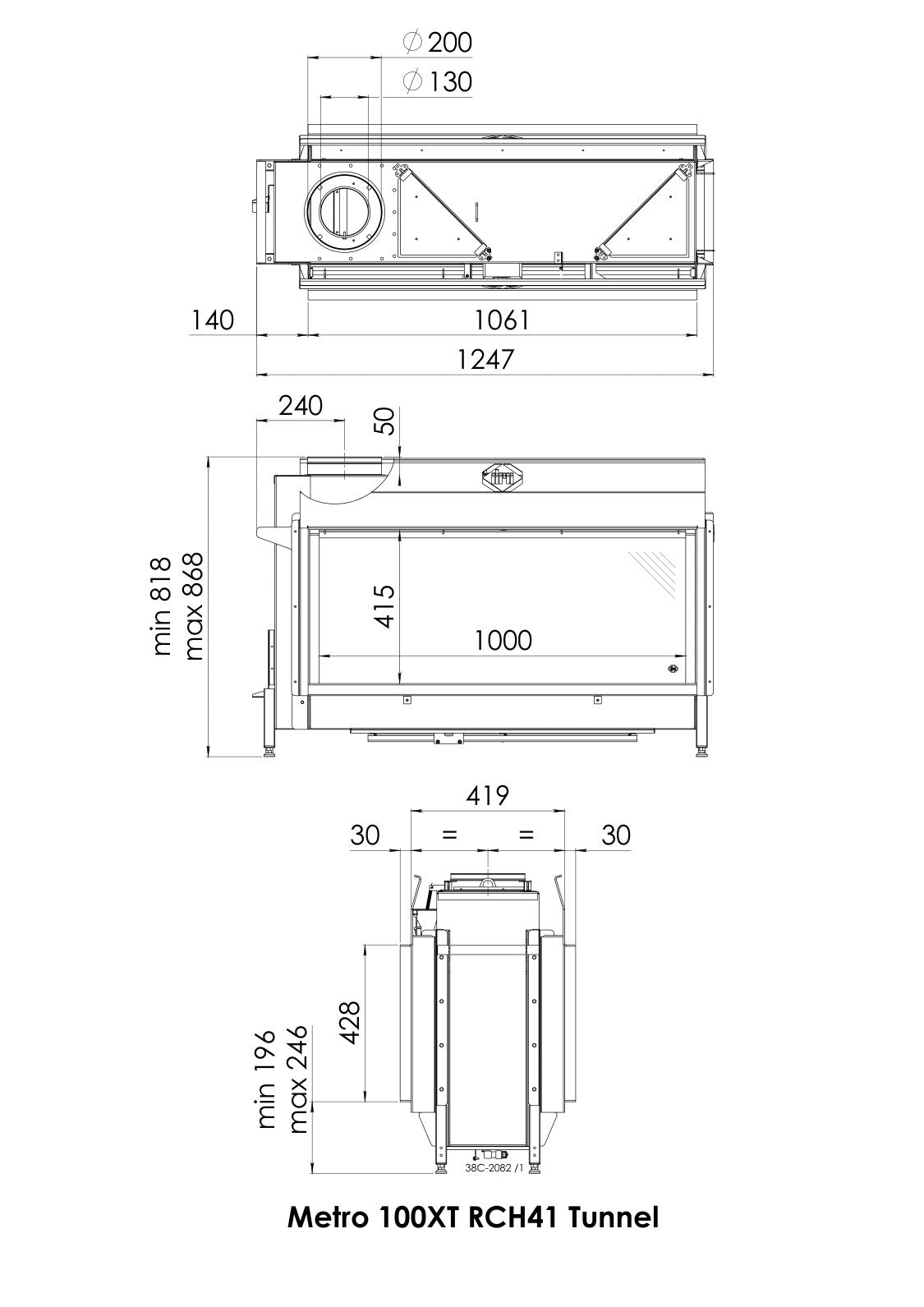 Desen cu dimensiuni DRU Metro 100XT Tunnel: lățime 1247 mm, înălțime 818–868 mm, adâncime 419 mm, geam vizibil 1000 × 415 mm pe fiecare față