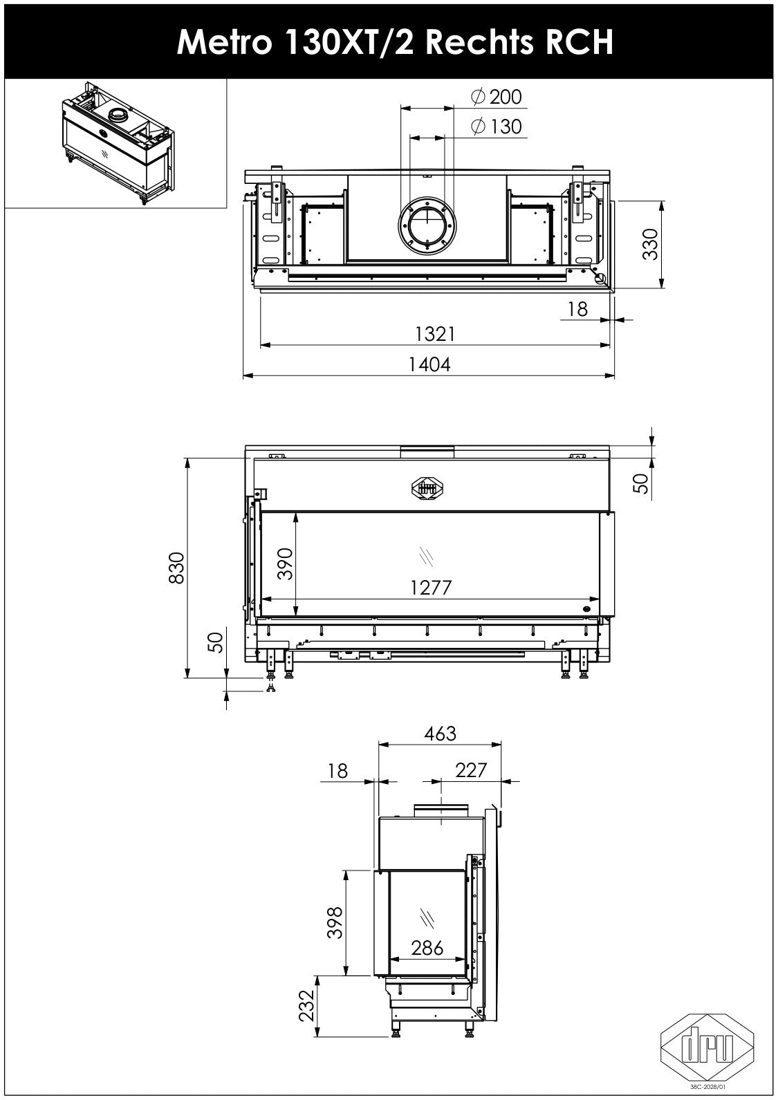 Desen cu dimensiuni DRU Metro 130XT/2, varianta dreapta: vedere de sus, din față și din lateral, cote în mm