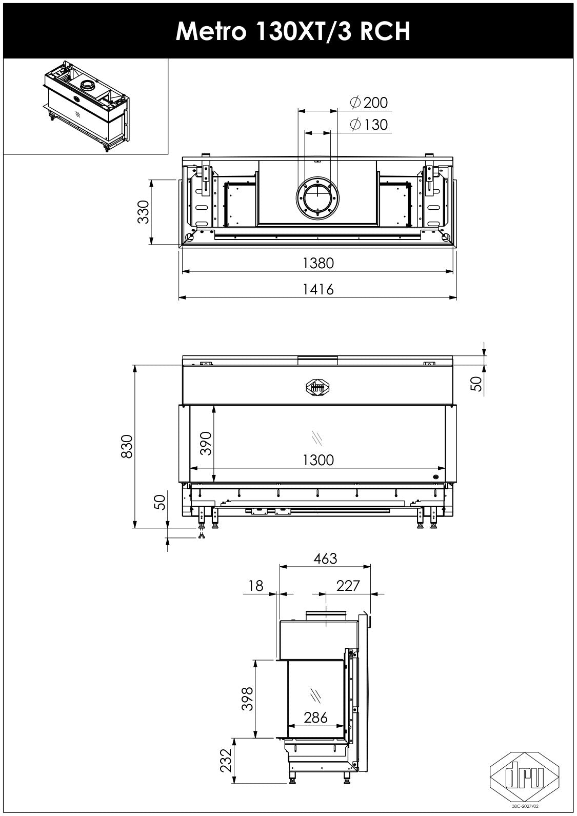 Desen cu dimensiuni DRU Metro 130XT/3: vedere de sus, din față și din lateral, cote în mm