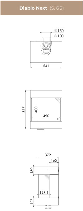 Desen tehnic DRU Diablo Next cu dimensiuni: 541 × 657 × 372 mm, geam 490 × 400 mm, racord concentric 150/100 mm
