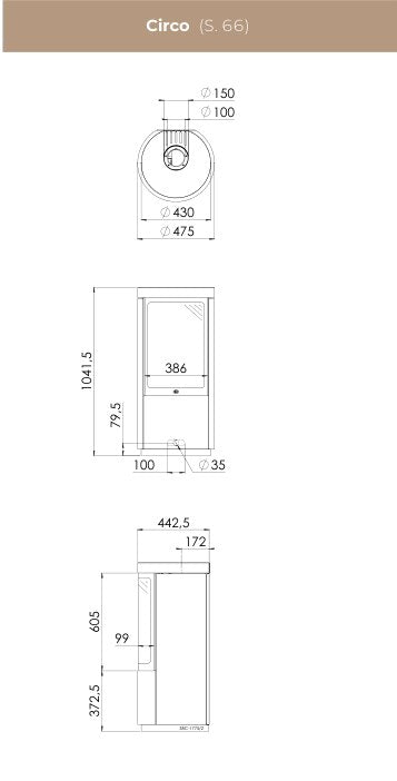Desen tehnic DRU Circo cu dimensiuni: Ø 475 / Ø 430 mm, înălțime 1041,5 mm, adâncime 442,5 mm, racord concentric 150/100 mm
