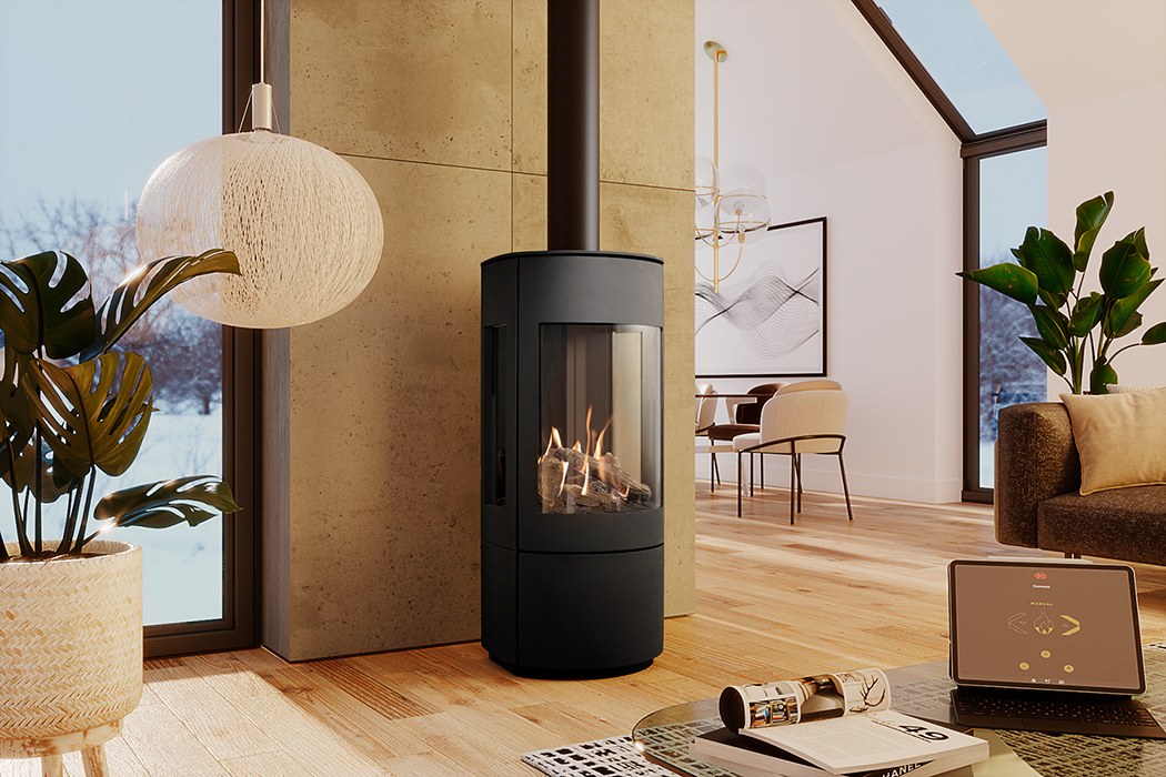 DRU Convexo Eco Wave într-un living deschis, iarna: sobă neagră cu trei geamuri, țeavă verticală și tabletă cu aplicația DRU Fire