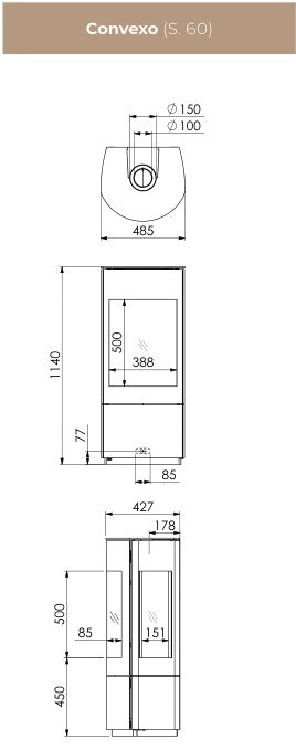 Desen tehnic DRU Convexo Eco Wave cu dimensiuni: 485 × 1140 × 427 mm, geam 388 × 500 mm, racord concentric 150/100 mm